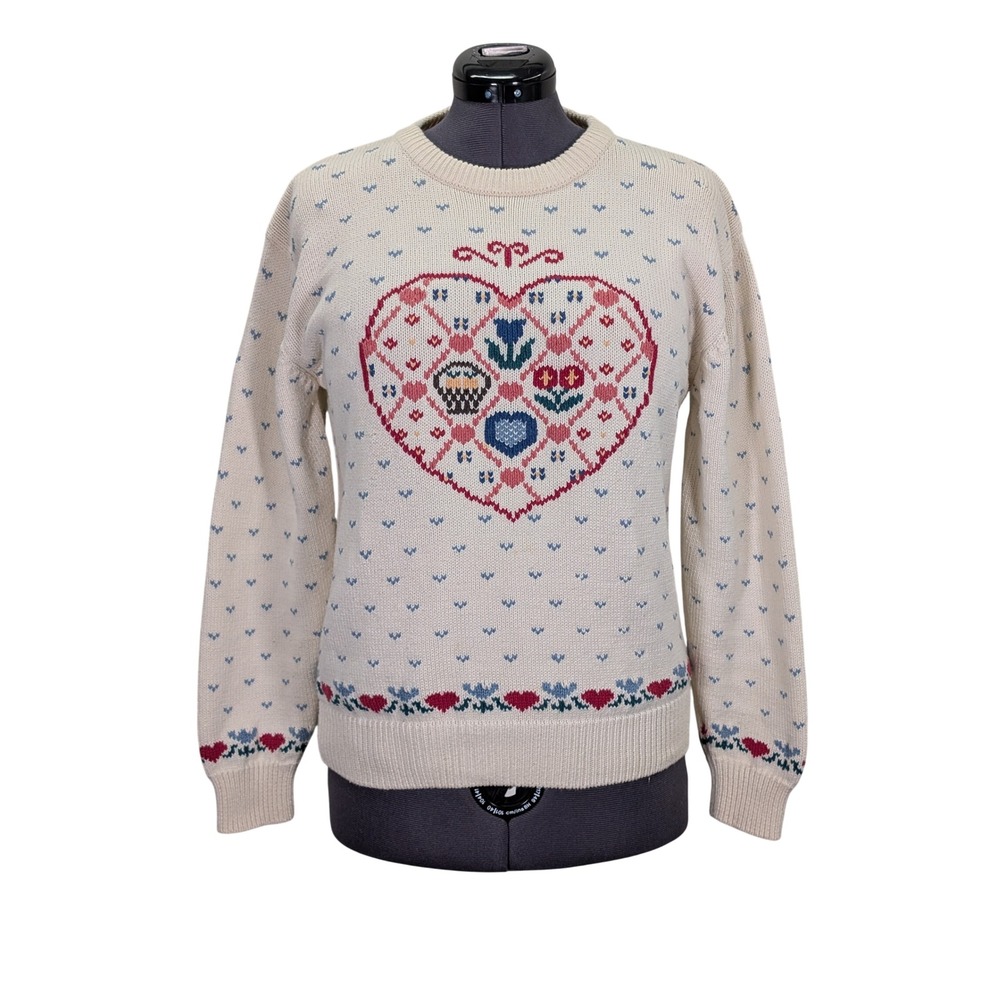 Eddie Bauer Womens L 90s Heart Floral Crewneck Knit Sweater